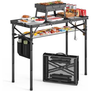 Raynesys Tri-fold Camping Table, 35.43"x15.75", Aluminum Frame Folding Tables, 3 Heights Adjustable Grill Table with Storage Bag, Portable Handle for Picnic Cooking BBQ Camping Outdoor, Black