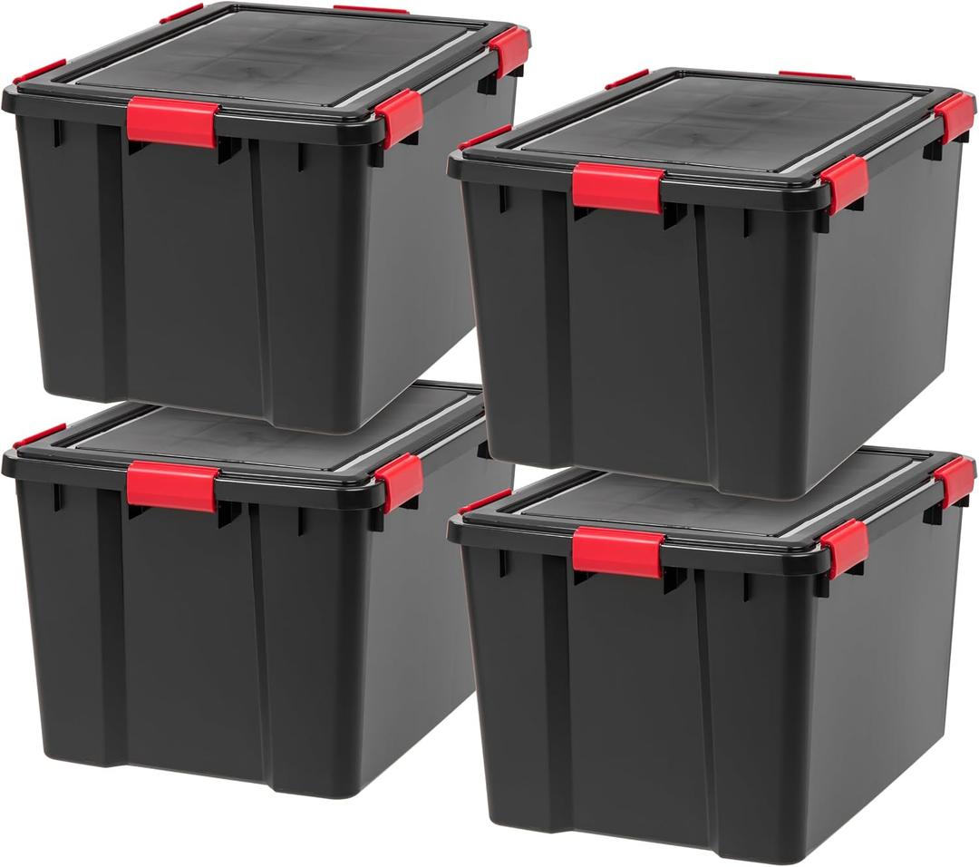 IRIS USA 4-Pack 74 Qt Storage Bins with Gasket Lids, Black/Red (one 2 out of 4 in box)