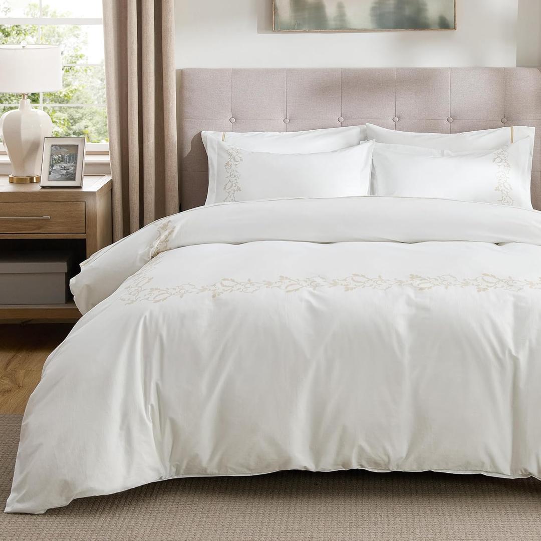 Bedsure 100% Cotton Percale Duvet Cover King, Luxury Hotel Duvet Cover, Curly Frame White Comforter Cover, PureWoven Breathable & Lightweight Bedding Set for All Season, 3 Pieces, 104"x90"