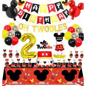 Mickey Mouse 2nd Birthday Party Supplies Oh Twodles Theme Party Decorations Includes Felt Banner,Welcome Hanger Door Sign, Tablecloth,Cake Cupcake Toppers,Mickey Head Balloons, 12 Latex Balloon,