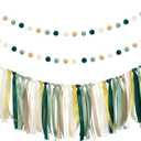 ANSOMO Sage Green Ribbon Felt Ball Garland Fabric Pom Pom Banner Tan Brown Ivory Gold Birthday Bridal Baby Shower Wall Hanging Party Decorations Wild Safari Jungle Botanical Greenery Decor Supplies