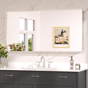 Keonjinn Brushed Nickel Mirror 48 x 24 Silver Bathroom Mirror for Over Sink, Rounded Rectangle Farmhouse Vanity Mirror, HD Tempered Glass, Metal Framed Full Length Wall Mirror(Horizontal/Vertical)