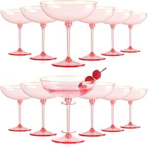 12 PCS Plastic Coupe Glasses 9 oz Pink Detachable Gold Rim Martini Glass Espresso Champagne Cocktail Cups Disposable Vintage Margarita Glassware for Birthday Baby Shower Wedding