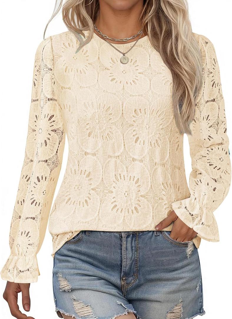 LOMON Womens Lace Long Sleeve Tops Ladies Dressy Eyelet Blouses Casual Embroidered Shirts with Lining 2026 Spring Fashion