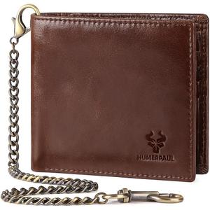 Genuine Leather Card Holder Wallet with Chain Accessory for Men, Women RFID Blocking 13 Card Slots 2 ID Windows 2 Bill Compartments Short Bi-Fold Wallet Gift (Brown)