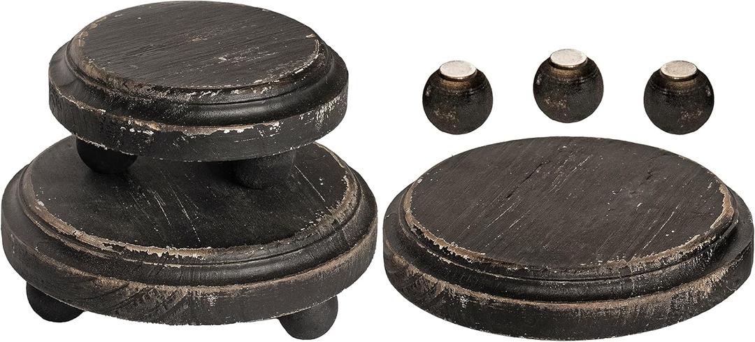 Felt Creative Home Goods Round Wooden Risers with Removable Feet (Set of 3) Farmhouse Rustic Decor Pedestal Stands for Tier Trays, Candles, Mugs Display (2 Large, 1 Small) - Rustic Black