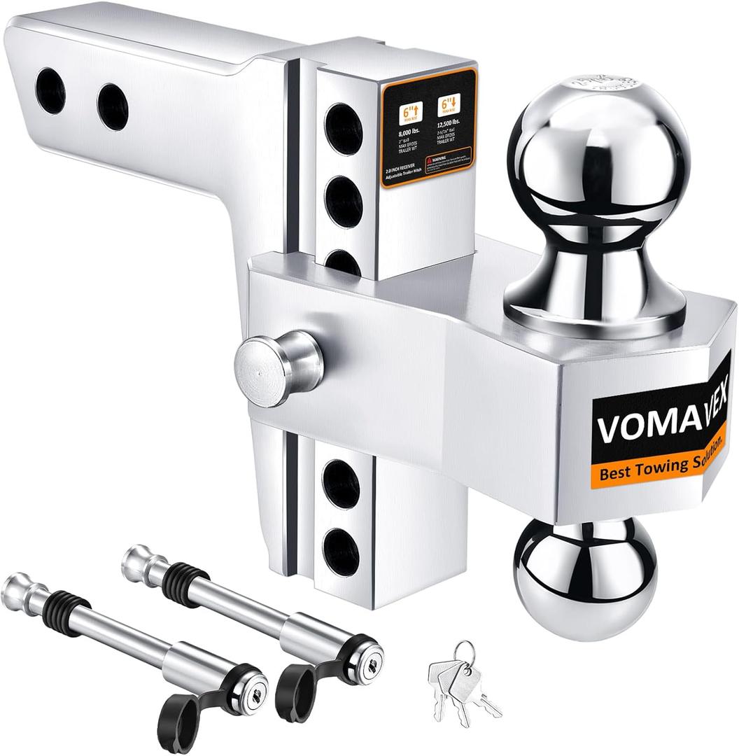 Adjustable Trailer Hitch-Drop Hitch Fits 2-Inch Receiver -6" Drop/Rise Tow Hitch with 2" and 2-5/16" Tow Balls-12,500GTW with Double Anti-Theft Pins Locks, Silver