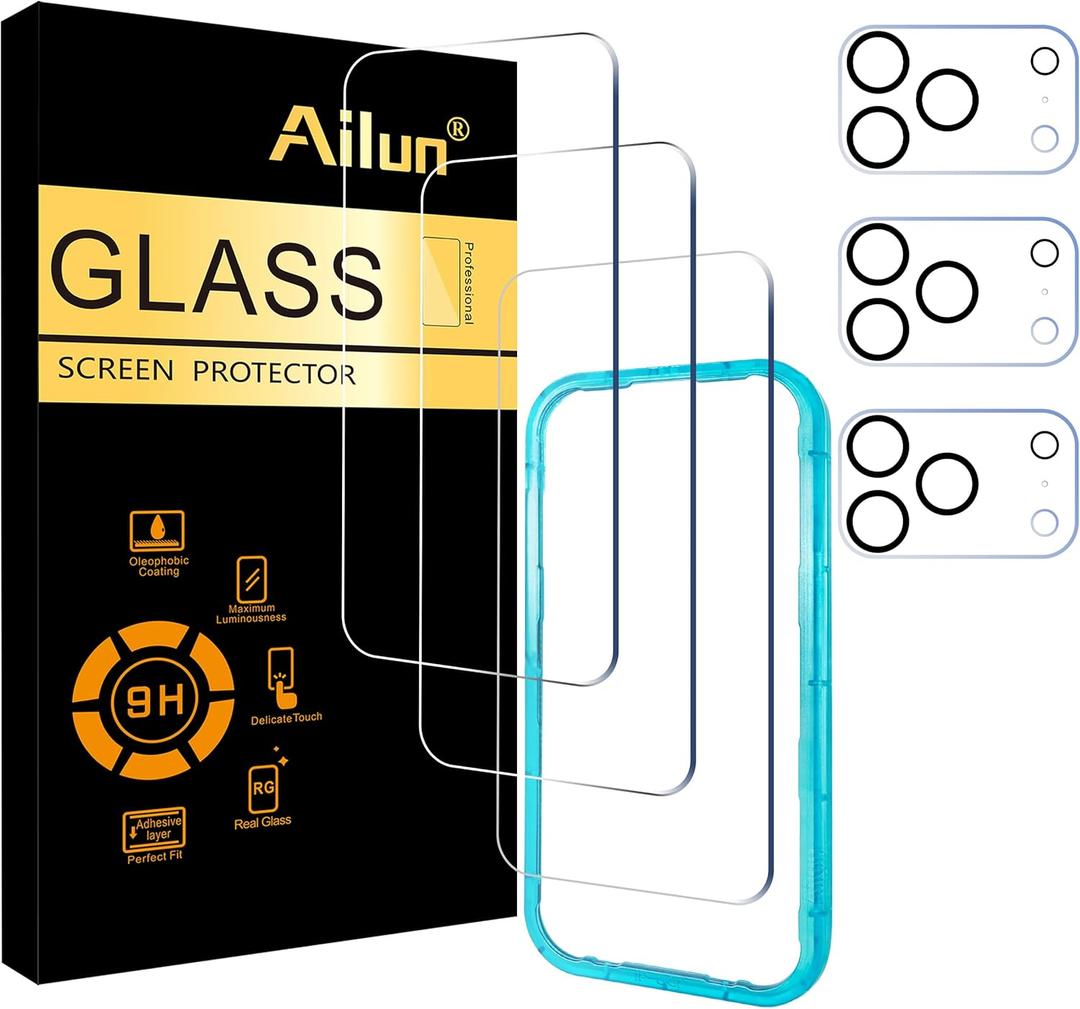 Ailun 3 Pack Screen Protector for iPhone 17 Pro [6.3 inch] + 3 Pack Camera Lens Protector with Installation Frame,Sensor Protection,Dynamic Island Compatible,Case Friendly Tempered Glass Film