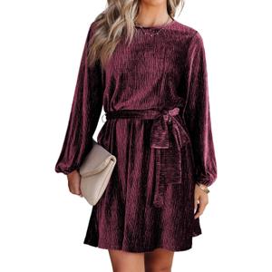 Happy Sailed Cocktail Dresses for Women 2025 Fashion Long Sleeve High Waist Retro Velvet Short Birthday Party Date Night Dress Red Large