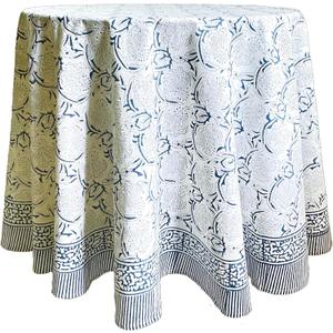 ATOSII Santorini 100% Cotton Round Boho Fall Tablecloth, Handblock Floral Table Cloth Linen for Kitchen Dining I Parties Wedding Outdoors Christmas Thanksgiving I 90" Inches Round I 6 Seater