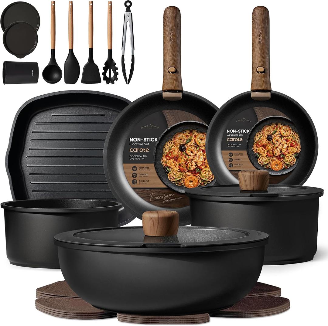 CAROTE 23pcs Pots and Pans Set Non Stick, Cookware Set Detachable Handle, 23 Piece