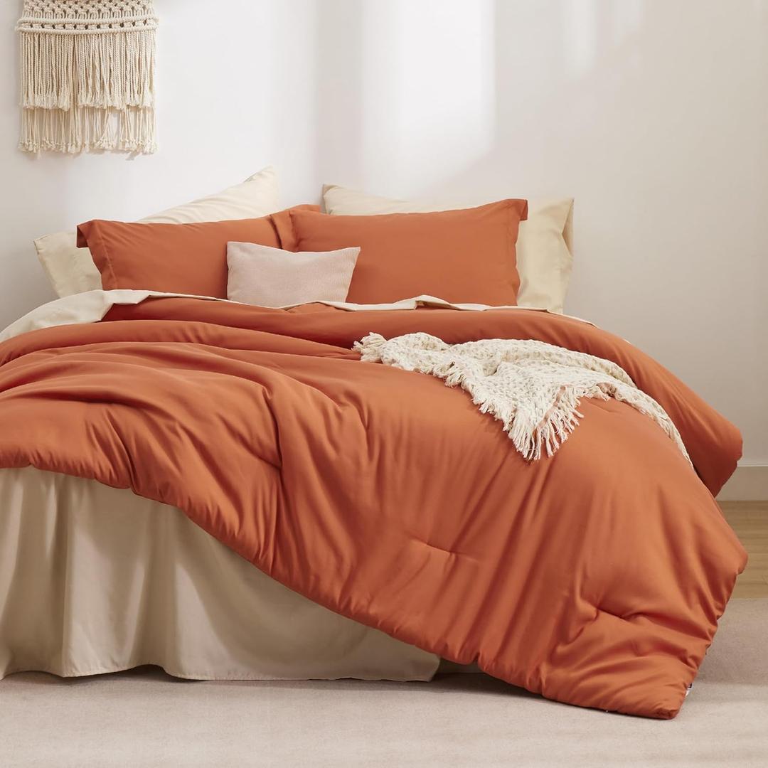 Bedsure King Size Comforter Set - 7 Pieces Burnt Orange King Bedding Set for All Seasons, Boho Contrasting Design Bed in a Bag with Comforter, Sheets, Pillowcases & Shams