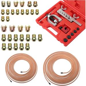 25Ft 1/4 & 3/16 Brake Line Kit,Copper Plated Brake Line Repair Kit Includes Single/Double Brakes Lines Flaring Tool Kits & 32 Inverted Fittings,Professional Brakes Lines Flare Tool Kits