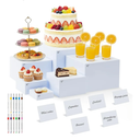 Nestable Buffet Risers - 6 Pcs White Acrylic Food Risers with Signs & Markers – Sturdy Dessert Table Display Stands for Parties, Catering, Jewelry & Collectibles (Easy-Store Stackable Cubes: 8", 7", 6", 5", 4", 3")
