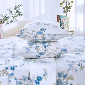 Brandream King Size Sheet Set Luxury Floral Blossom Birds Bedding Collections 800 Thread Count 100% Egyptian Cotton Deep Pocket, 4 Piece White Botanical Branches Blue Flower