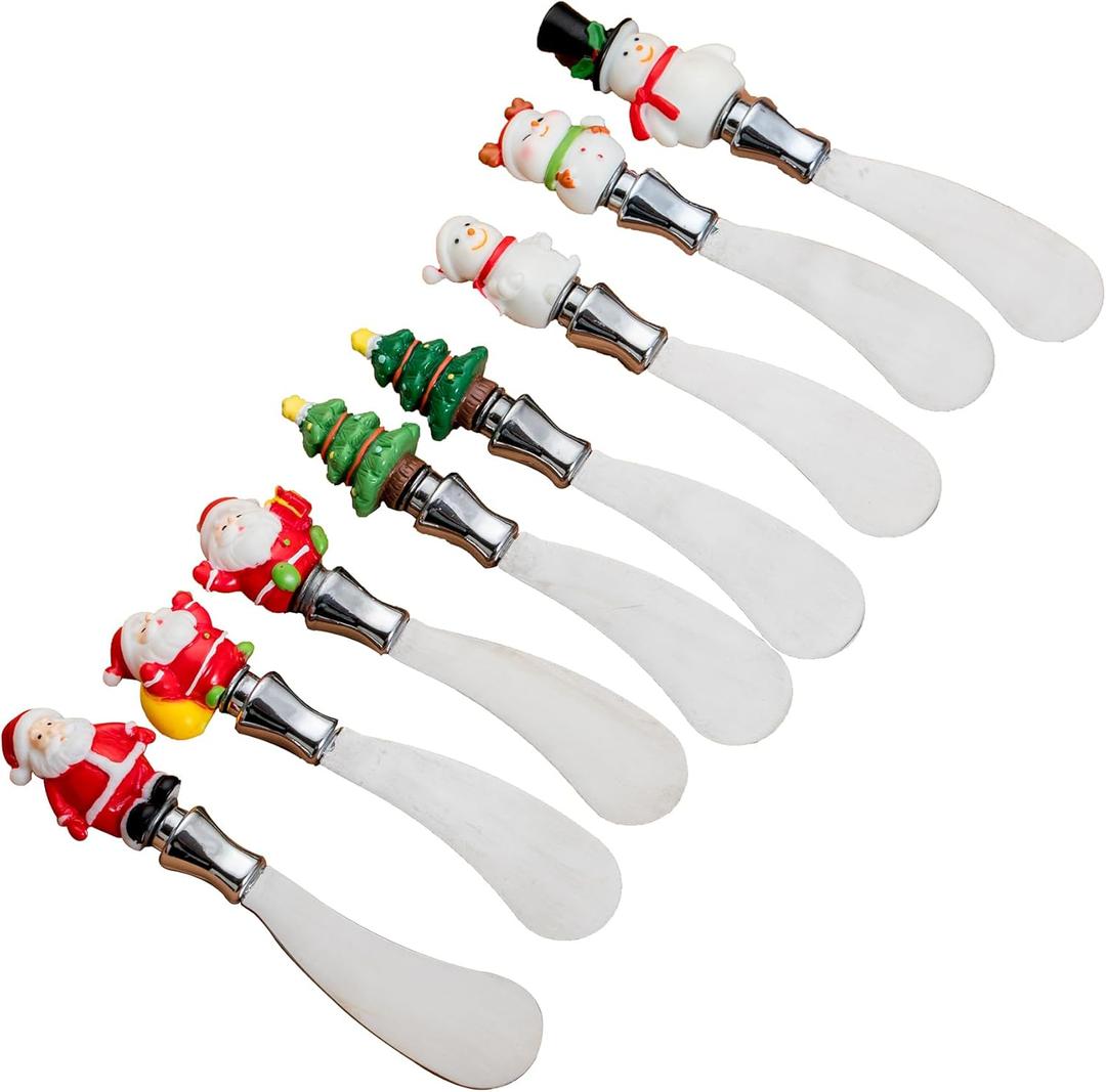 Christmas Cheese Spreaders Set of 8  Holiday Resin Hand-Painted Handles with Stainless Steel Blades  Festive Butter Knives for Cheese, Jam, Spreads  Christmas Party Appetizer Serving Decor