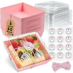 Leafiew 50 Pack Small Clear Treat Boxes - Dessert Boxes To Go - 5Inch Disposable Paper Mini Containers for Cookie, Cake Slice, Charcuterie, Bakery, Pastry, Strawberry, Baked Goods Packaging (Pink)
