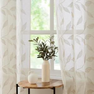 Bujasso Leaf Sheer Curtains 63 inch Embroidered Floral Farmhouse Light Filtering Window Panels Botanical Patterned Natural Linen Sheer Drape for Living Room Bedroom Grommet Top 38" Wx63 Lx2