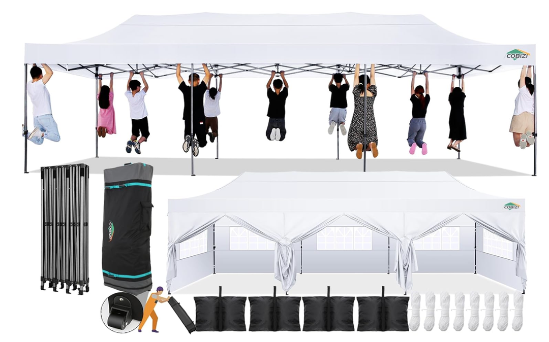 COBIZI 10x30 Pop Up Canopy with 8 Sidewall,Heavy Duty UPF 50+ All Season Wind Waterproof Commercial Outdoor Wedding Party Tents for Parties Canopy Gazebo with Roller Bag(10 x 30 ft White)