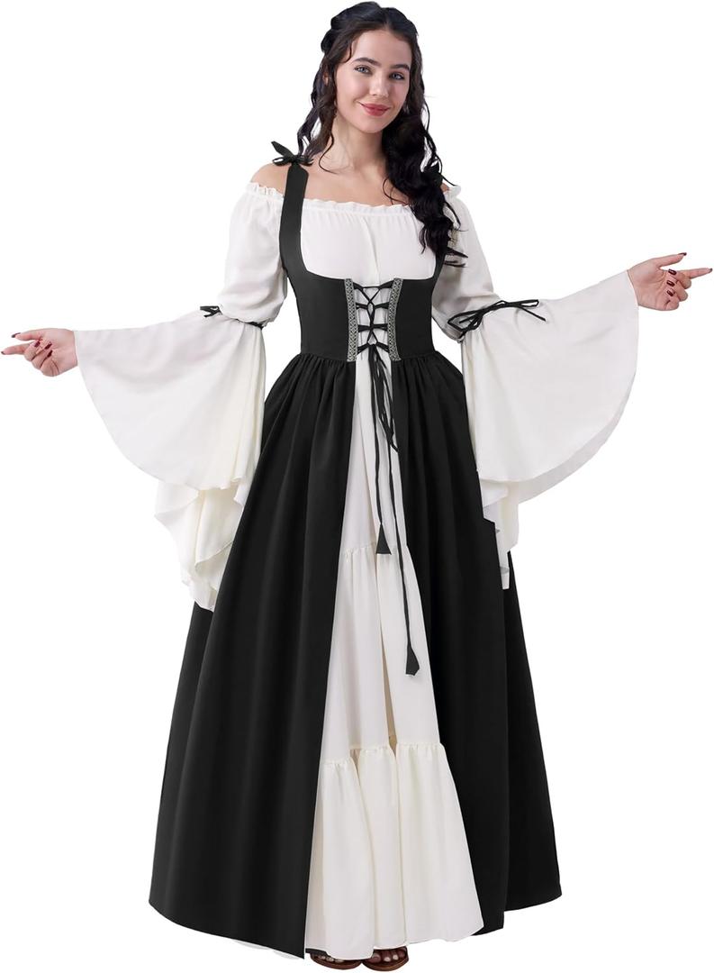 Spooktacular Creations Renaissance Costume Women, Medieval Black Chemise Ren Faire Dress Irish Overdress, Renaissance Corset with Trumpet Sleeve for Halloween Cosplay Wedding Themed Parties, Large
