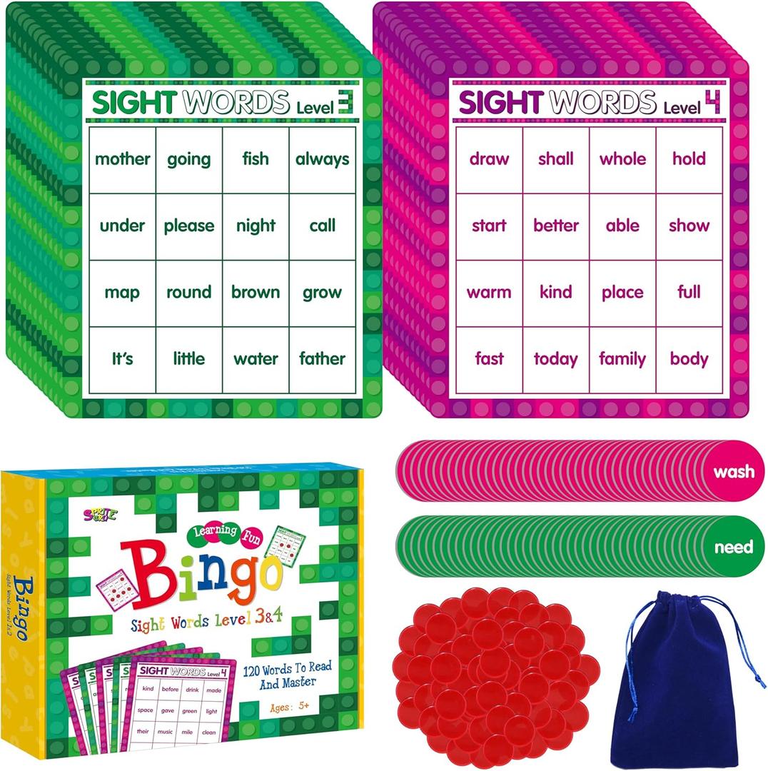 Sight Word Bingo Game, 120 Sight Words Learn to Read Level 3 & Level 4 Bingo Board Game Dolch's & Fry's Words Lists for Kindergarten and Preschool Kids 5+, Perfect for Classroom & at Home