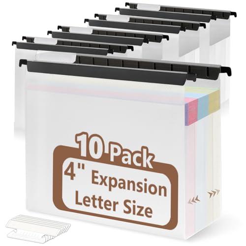 10 PCS 4 Inch Extra Capacity Hanging File Folder Plastic Letter Size Filing Cabinet Reinforced Hang Folders with Heavy Duty 4 Inch Expansion Black Insert Gasket 8.5” X 14” for Insertable Tabs