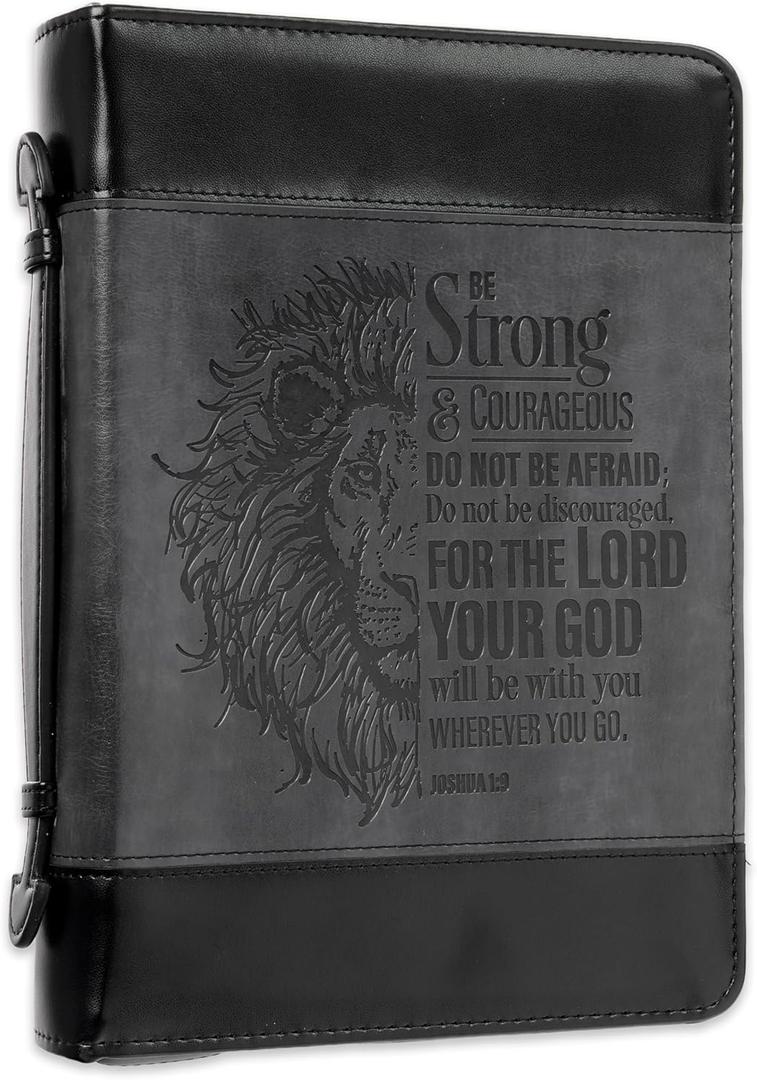 Christian Art Gifts Classic Faux Leather Bible Cover for Men and Women: Be Strong and Courageous - Joshua 1:9 Inspirational Bible Verse with Lion, Gray and Black, Large