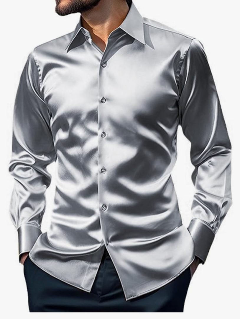 Men's Luxury Shiny Silk Like Satin Button Up Dress Shirts Slim Fit Long Sleeve Nightclub Party Disco Prom Shirts L