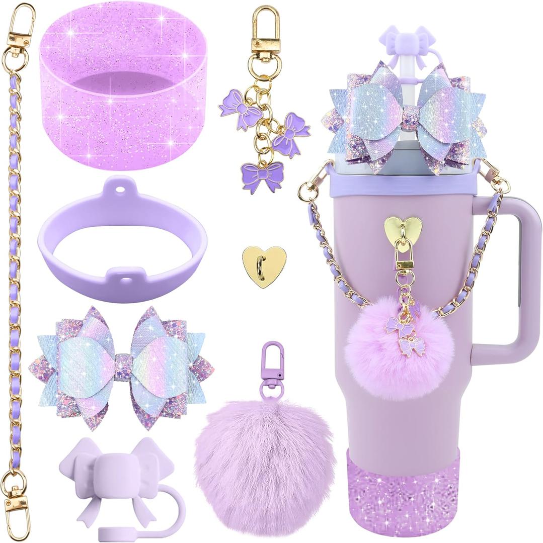 Bling Stanley Cup Accessories for 40oz & 30oz Tumbler including Silicone Cute Bow Straw Topper Cover, Silicone Stanley Cup Boot,Leather Water Bottle Handle Strap, Charms(Purple) (C2-Glossy Purple)