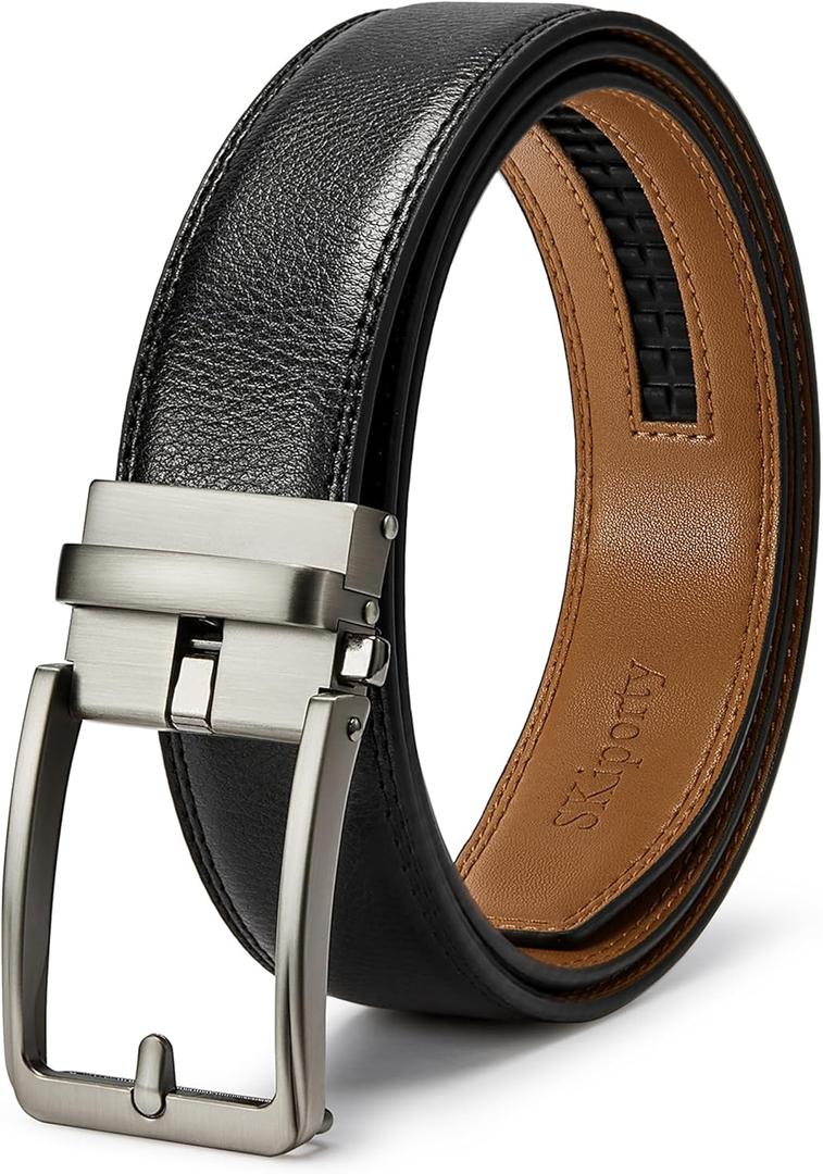 Black Mens Belt Ratchet Belts Dress Casual Leather Belt for Men With Slide Adjustable Click Buckle Gifts Box (28" to 34"Waist Adjustable)