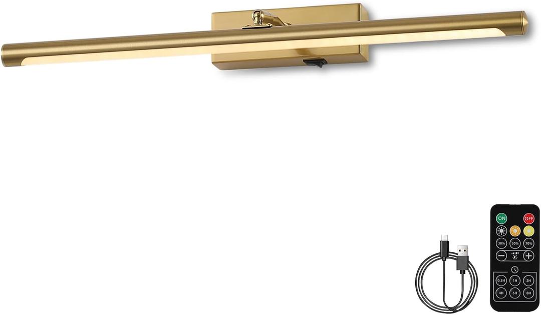 Picture Light for Wall Battery Operated, 20" Rechargeable Art Light with Remote and Timer for Painting, 9000mAh Wireless Wall Light for Display, Artwork, Portrait, Gallery, Gold