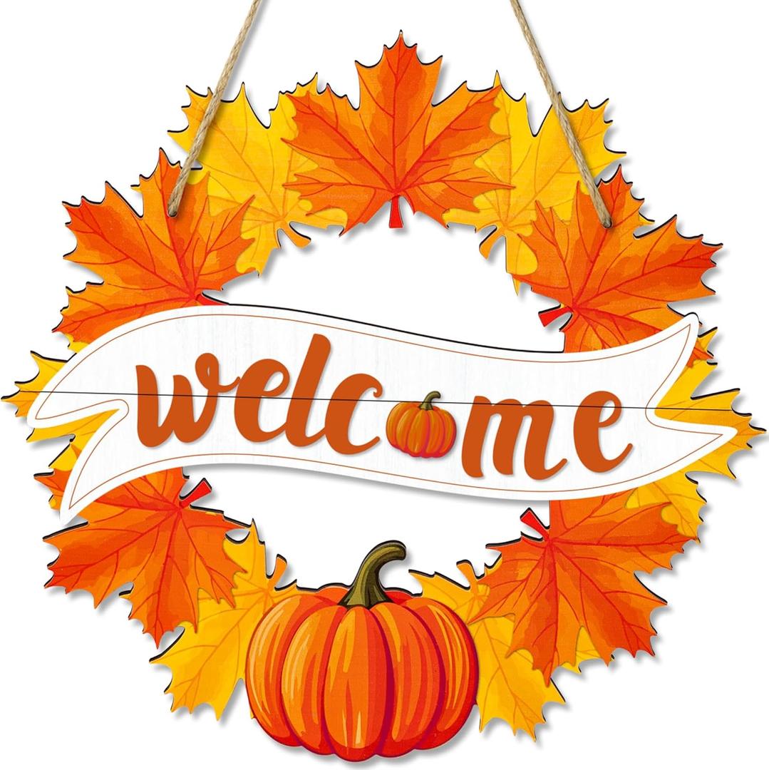 2 x Fall Wreaths for Front Door Decor Foldable Welcome Sign Autumn Thanksgiving Harvest Hanging Decorations for Home Porch Wall