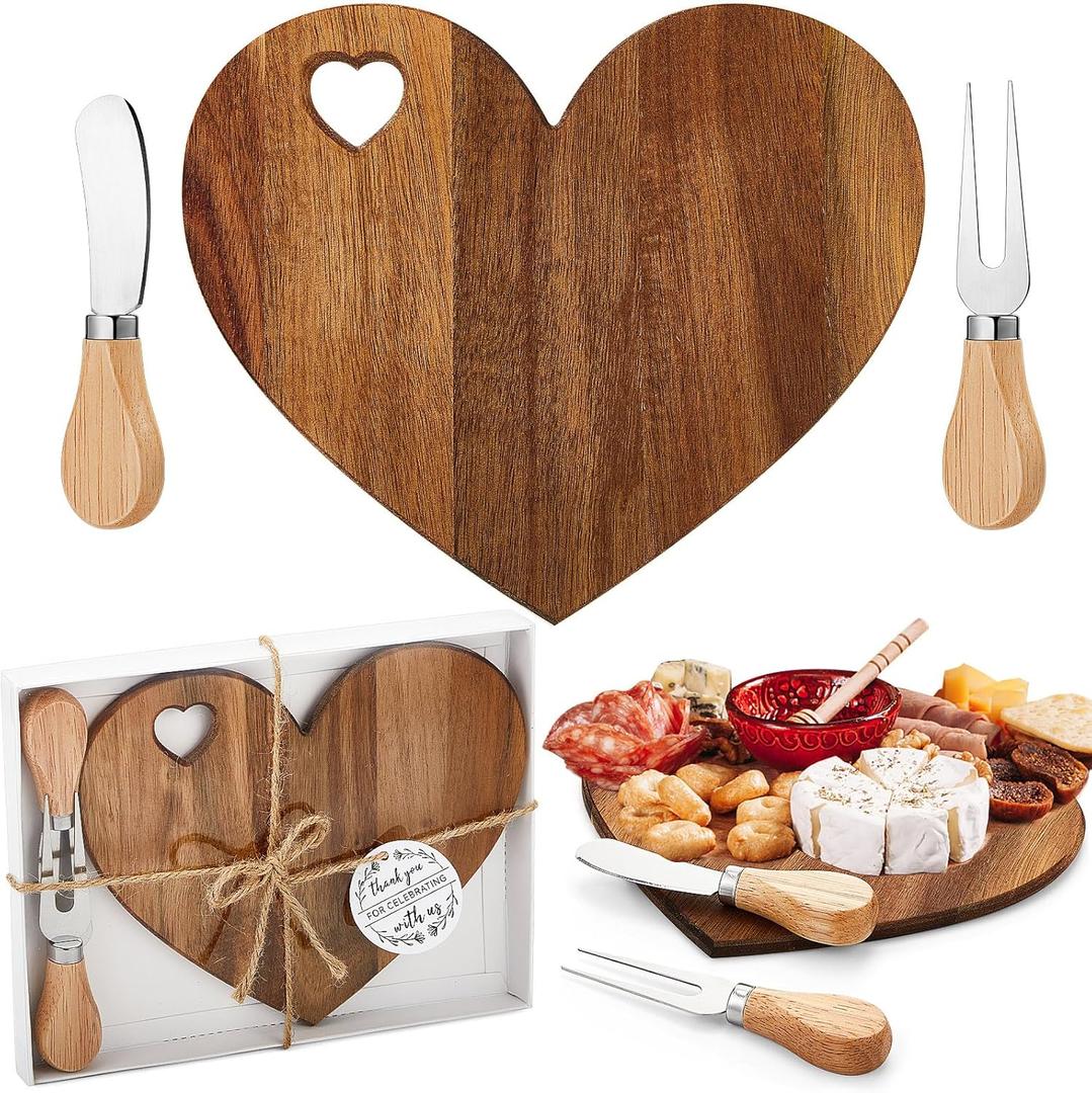 Patelai 1 Set Bridal Baby Shower Favor Heart Cheese Board with Knife, Wood Mini Charcuterie Board Thank You Gift Box for Guest Bridal Baby Shower Prize Wedding Valentines Birthday (Acacia Color)