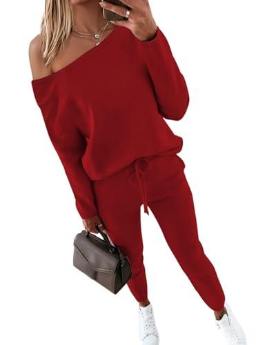 CHICME Women's Long Sleeve Off The Shoulder Pullover Tops and Pants Matching Set Tracksuit Travel Outfits-r-XL