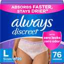 Always Discreet Adult Incontinence Underwear for Women and Postpartum Underwear, Large, Up to 100% Bladder Leak Protection, 76 Count (2 Packs of 38)