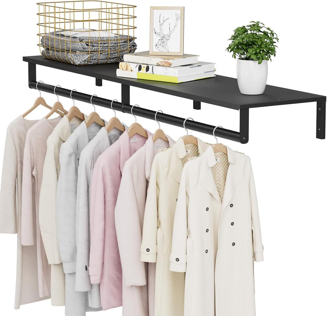 Audmore Wall Mounted Clothes Rack | Heavy Duty Metal Hanging Clothing Rack with Top Shelf for Laundry Room, Bedroom & Closet | Space Saving, Easy Install, Holds 135lbs - 46.5"