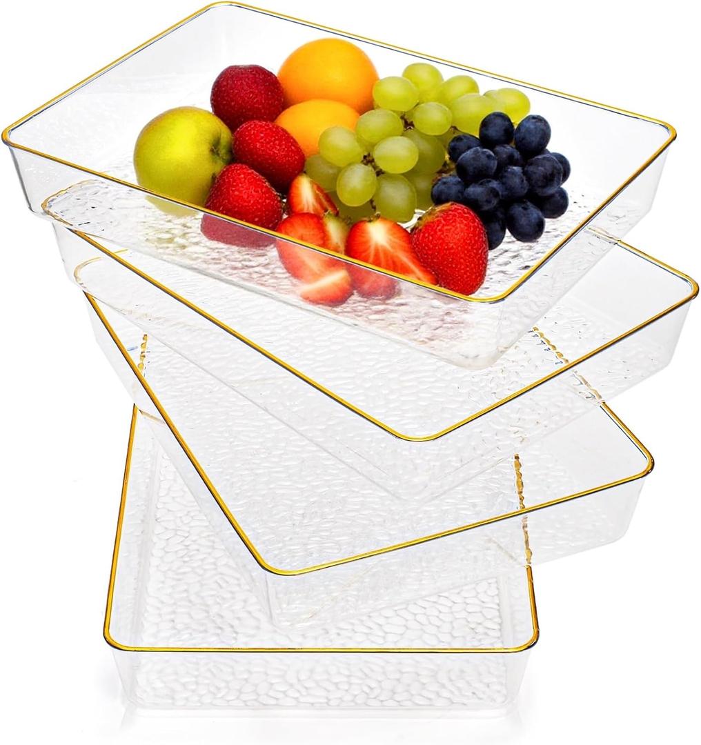4 Pack Clear Serving Trays, Deep Serving Platters Rectangle 12'' x 8'', Decorative Tray with Gold Rim, Reusable Plastic Tray Organizer for Coffee Table Pantry Party Food Display Spill Proof
