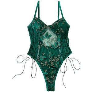 Lilosy Women Sexy Lace Up Floral Embroidered Teddy Lingerie Bodysuit Top Mesh Sheer One Piece, Butterfly Army Green Medium