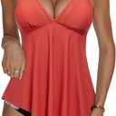 RXRXCOCO Mesh Halter Tankini Swimsuits for Women Tummy Control Swimsuit Asymmetrical Flowy High Waisted Bathing Suits (Small, Orange Floral)