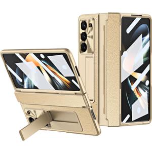 Z Fold 5 Case, One-Piece Housing Hinge Protection Leather ZFold5 Case with Kickstand, Compatible with Samsung Galaxy Z Fold 5 2023 (Gold)
