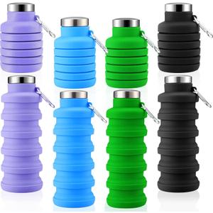 Lallisa 4 Pcs Collapsible Water Bottles 17 oz Reusable Silicone Foldable Travel Water Bottle Portable Leak Proof Sports Water Bottles for Gym Camping Hiking (Blue, Purple, Gray, Green)
