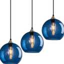 Blue Glass Pendant Lights Kitchen Island Lighting Globe Pendant Light Fixtures Modern Pendant Lighting for Kitchen Island Bedroom Living Dining Room Light Fixture(7.87in, 3-Pack)