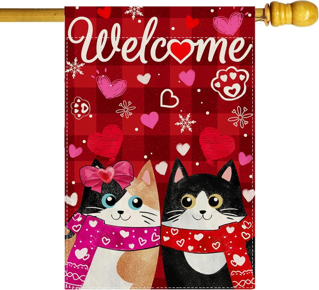 Welcome Valentines Day Romantic Love Heart Couple Cats Paw House Flag large 28X40 Inch Big Vertical Double Sided Yard Outdoor Outside Holiday Decoration