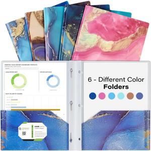 6 Pack Marble Design File Folders with Pockets - Plastic Folder with 2 Pockets & a Business Card Holder, Durable File Folders for Documents, School, Office & Home (Folder with Pockets (with Prong))