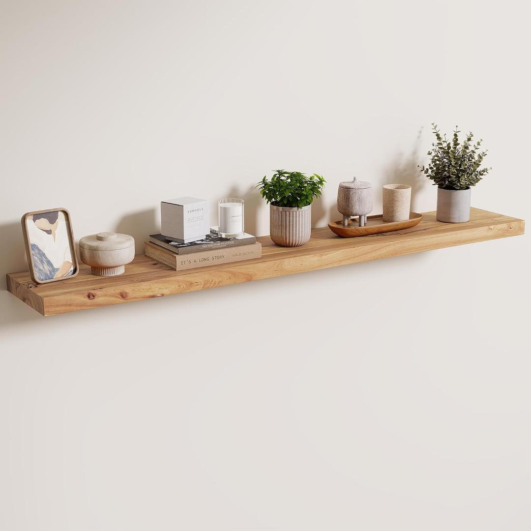 Axeman Rustic Elm Wood Floating Shelves for Wall, 48'' x 8" Deep Wall Shelf with Invisible Bracket, Large Long Wall Mounted Storage Shelves for Living Room, Bedroom, Kitchen, Bathroom Decor, Natural, 48 inches - 1P