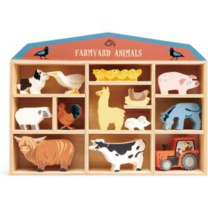 Tender Leaf Toys Farmyard Animals  13 Wooden Country Farm Figurines with a Display Shelf - Classic Toy for Pretend Play  Develops Creative & Imaginative Skills  Learning Role Play  Ages 3+ Years