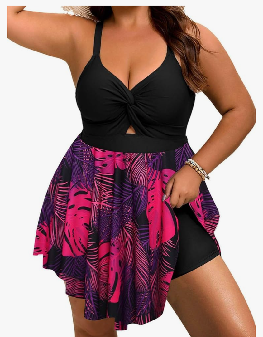Arolina Plus Size Bathing Suit for Women Swim Dress Tummy Control Swimsuits Two Piece Flowy Tankini with Shorts 16W