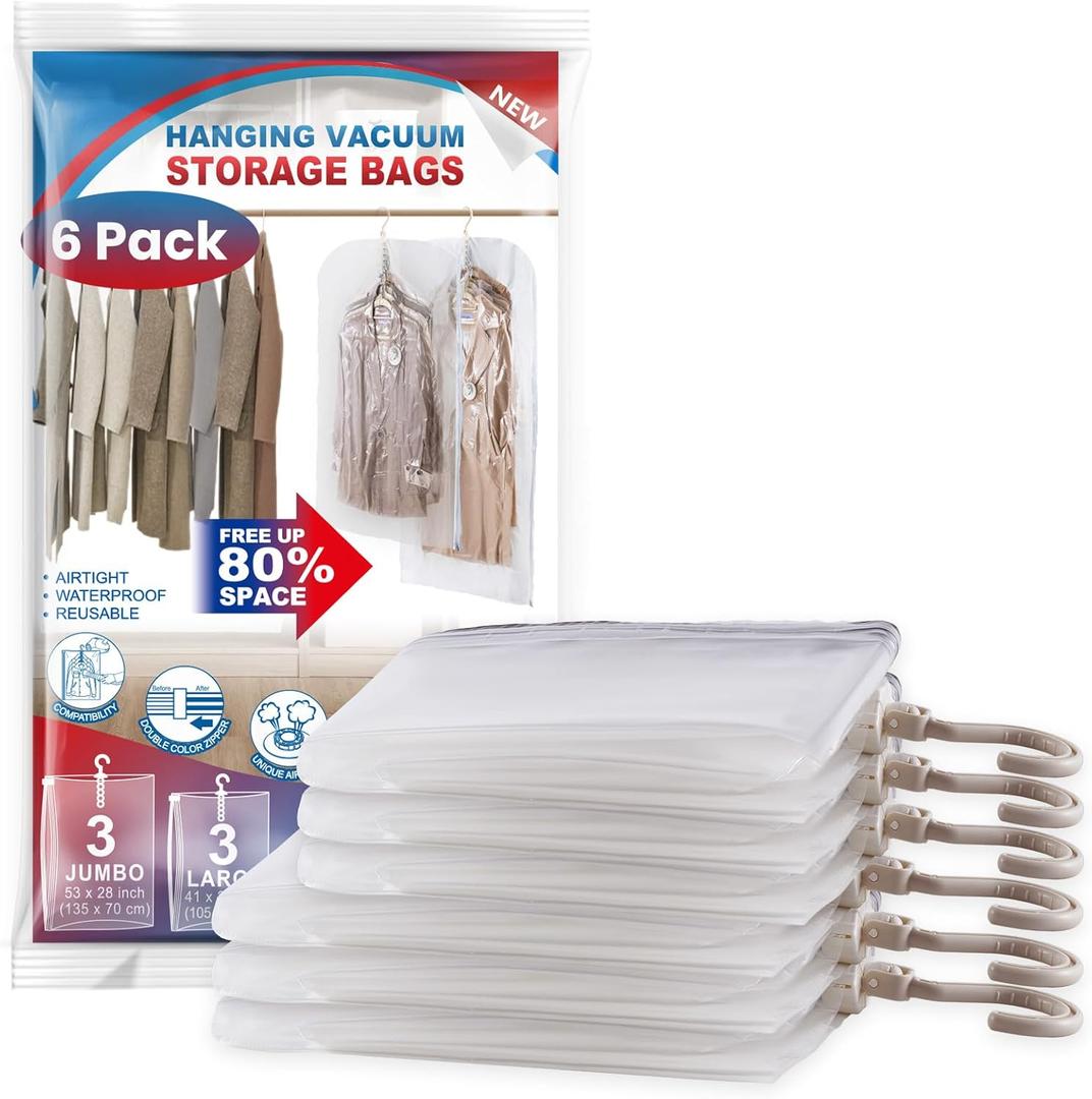 Hanging Vacuum Storage Bags, 6 Pack Large Hanging Space Saver Bags, Vacuum Sealed for Clothes Suits Dress Jackets for Moving Supplies(3 Long, 3 Short)
