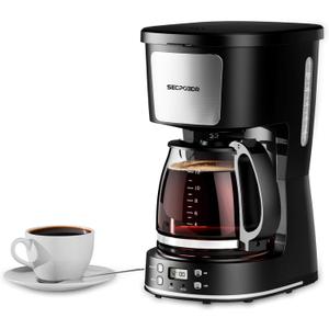 12-Cup Drip Coffee Maker with Reusable Filter,Programmable Clock,Auto Brew,Water Window,Keep Hot Plate,Glass Carafe,Compact Design for Kitchen,Office,Silver and Black,Stainless Steel