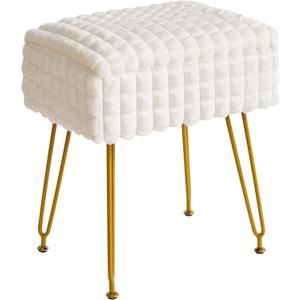 IBUYKE Rectangle Vanity Chair with Storage Space, Footrest Footstool Ottoman, Vanity Stool, Dressing Table Chair, with Anti-Slip Feet, for Makeup Room, Bedroom, Square Grid Pattern, White WBD004W